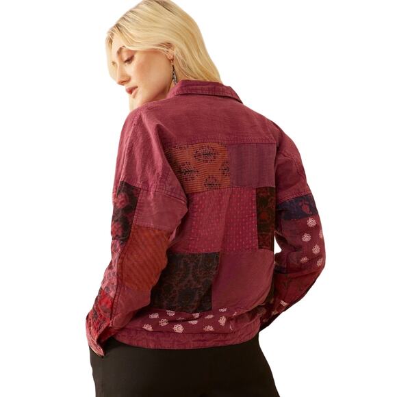 NWT Boutique Boho Chimson Trail Patchwork Button Front Jacket Berry - Picture 3 of 4